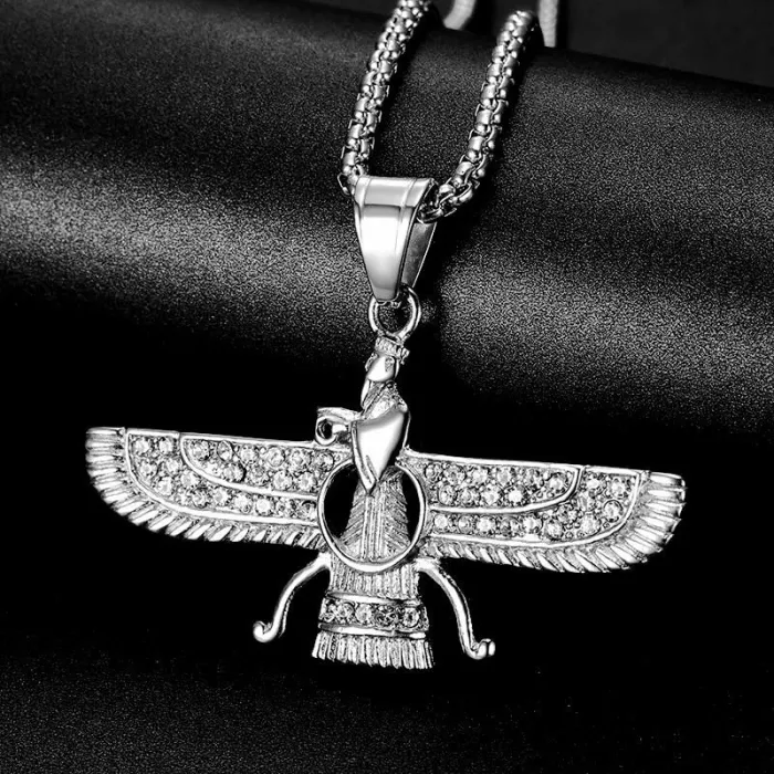 Wholesale Hip Hop Zoroastrian Pendant – Bulk Gold-Plated Titanium Steel Necklace with Rhinestones