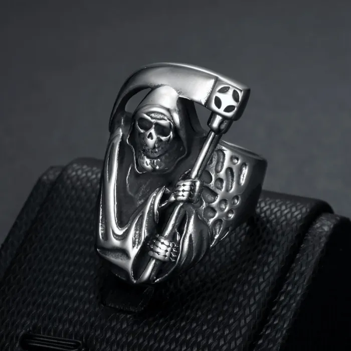 Wholesale Grim Reaper Skull Ring – Bulk Polished Titanium Steel Punk Vintage Men's Ring at Factory Price