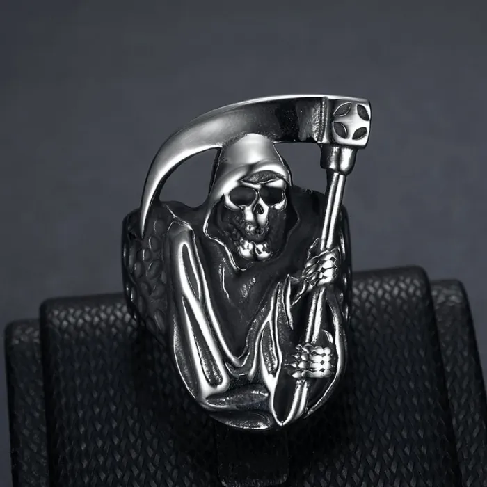 Wholesale Grim Reaper Skull Ring – Bulk Polished Titanium Steel Punk Vintage Men's Ring at Factory Price