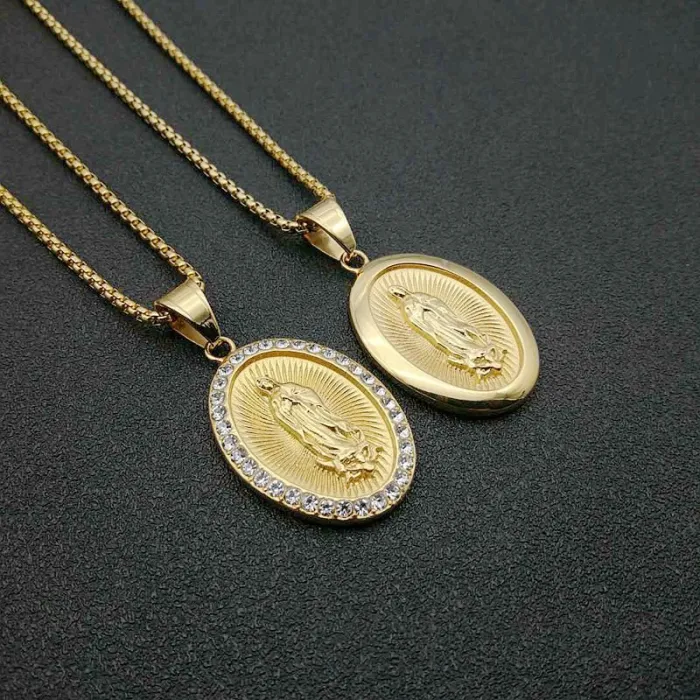 Wholesale Virgin Mary Pendant – Bulk Gold-Plated Titanium Steel Hip Hop Necklace with Rhinestones
