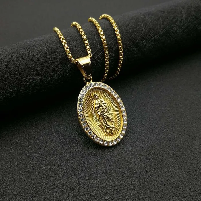 Wholesale Virgin Mary Pendant – Bulk Gold-Plated Titanium Steel Hip Hop Necklace with Rhinestones