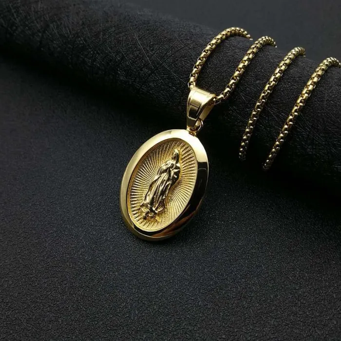 Wholesale Virgin Mary Pendant – Bulk Gold-Plated Titanium Steel Hip Hop Necklace with Rhinestones