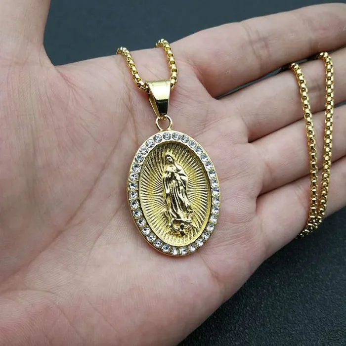 Wholesale Virgin Mary Pendant – Bulk Gold-Plated Titanium Steel Hip Hop Necklace with Rhinestones