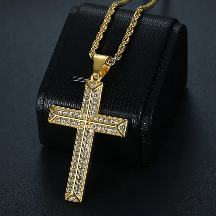 Wholesale Cross Pendant Necklace – Bulk Gold-Plated Titanium Steel Necklace with Rhinestones at Factory Price