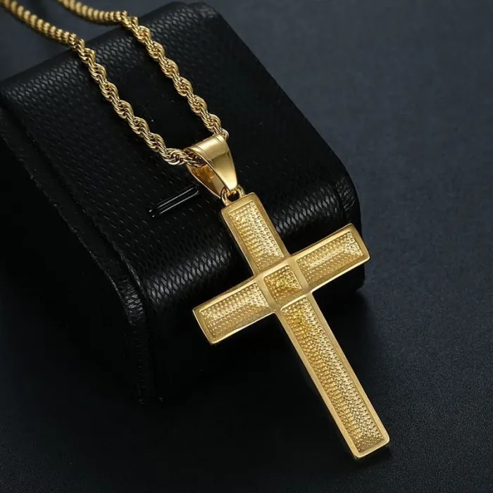 Wholesale Cross Pendant Necklace – Bulk Gold-Plated Titanium Steel Necklace with Rhinestones at Factory Price