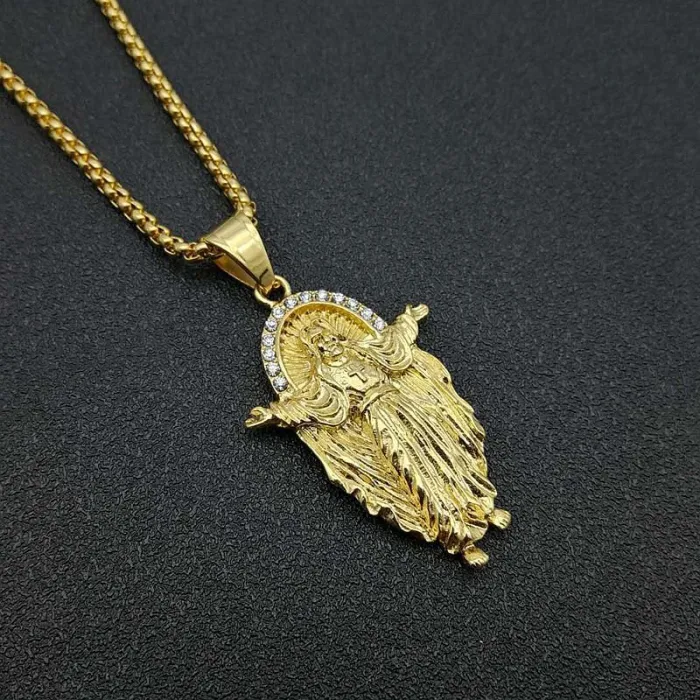 Wholesale Jesus Pendant Necklace – Bulk Gold-Plated Titanium Steel Hip Hop Jewelry with Rhinestones