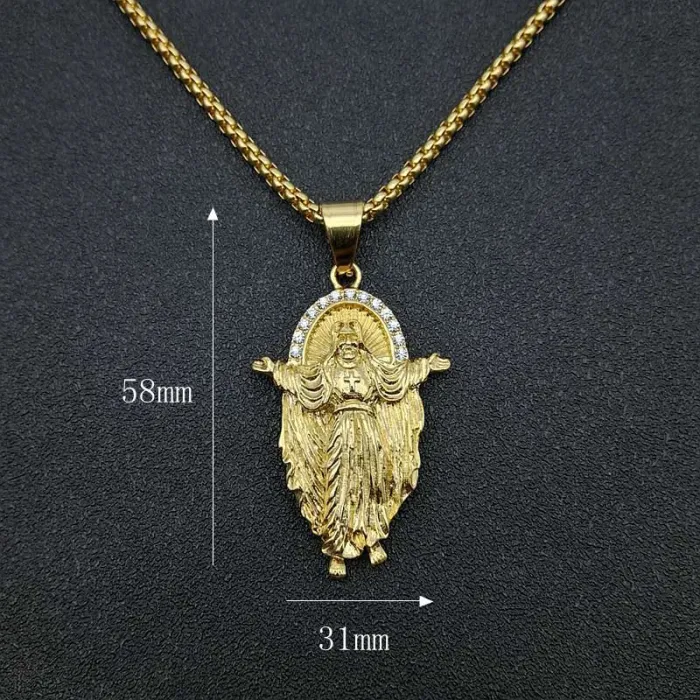 Wholesale Jesus Pendant Necklace – Bulk Gold-Plated Titanium Steel Hip Hop Jewelry with Rhinestones