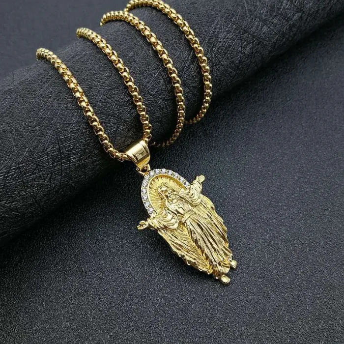 Wholesale Jesus Pendant Necklace – Bulk Gold-Plated Titanium Steel Hip Hop Jewelry with Rhinestones