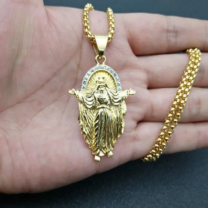 Wholesale Jesus Pendant Necklace – Bulk Gold-Plated Titanium Steel Hip Hop Jewelry with Rhinestones