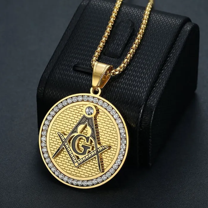 Wholesale Masonic AG Pendant – Bulk Gold-Plated Titanium Steel Necklace with CZ Stones at Factory Price