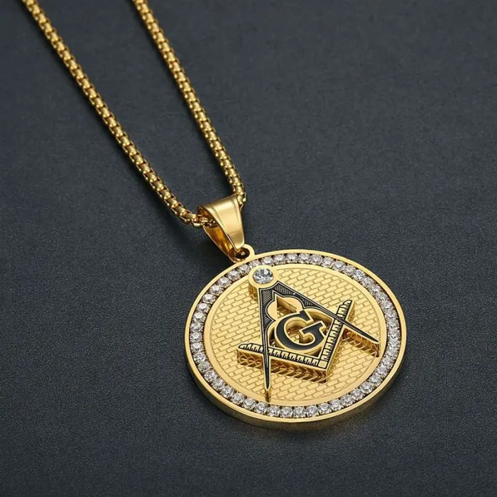 Wholesale Masonic AG Pendant – Bulk Gold-Plated Titanium Steel Necklace with CZ Stones at Factory Price