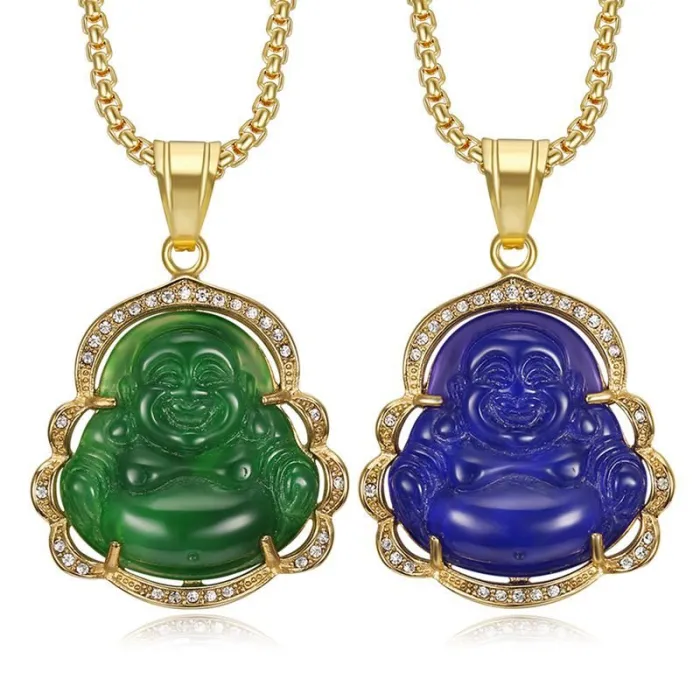 Wholesale Maitreya Buddha Pendant – Bulk Gold-Plated Titanium Steel Necklace with Chalcedony Resin Inlay