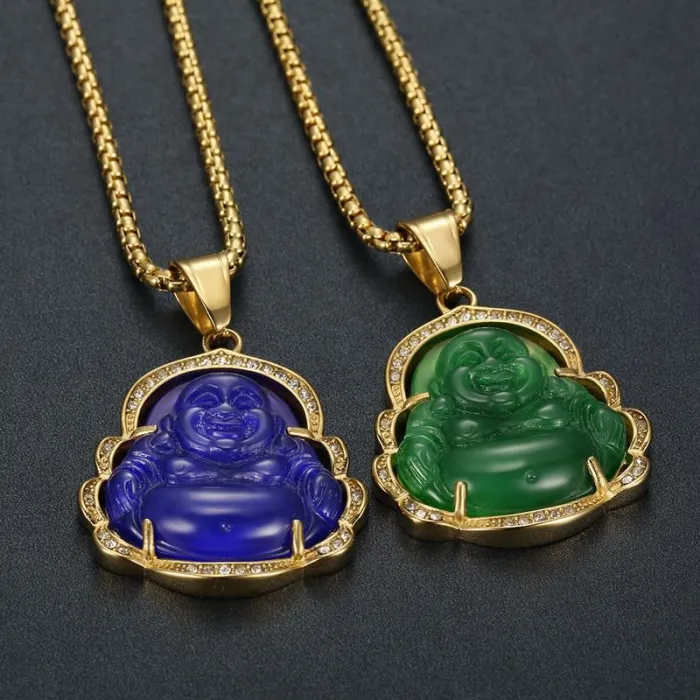 Wholesale Maitreya Buddha Pendant – Bulk Gold-Plated Titanium Steel Necklace with Chalcedony Resin Inlay