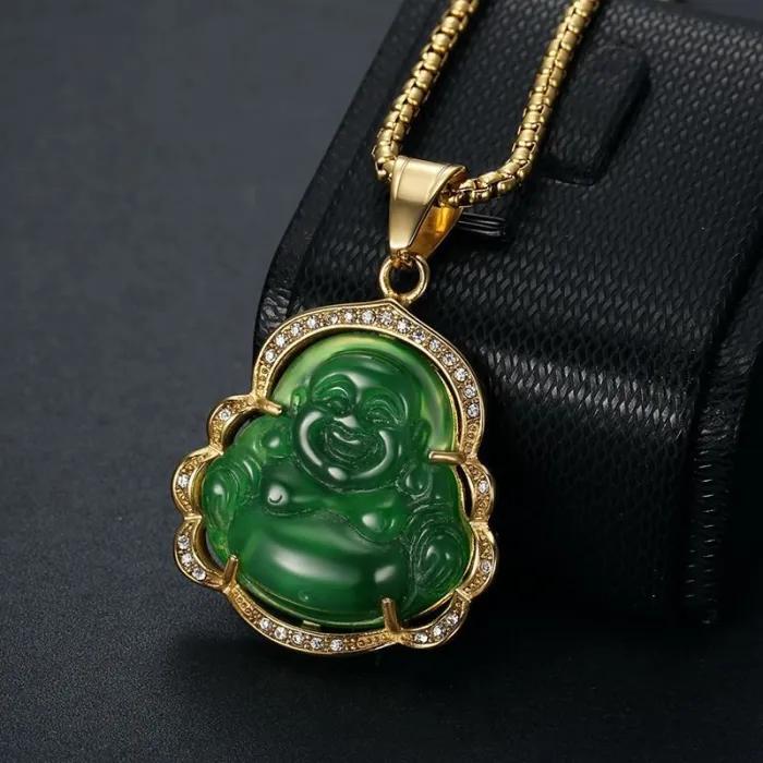 Wholesale Maitreya Buddha Pendant – Bulk Gold-Plated Titanium Steel Necklace with Chalcedony Resin Inlay