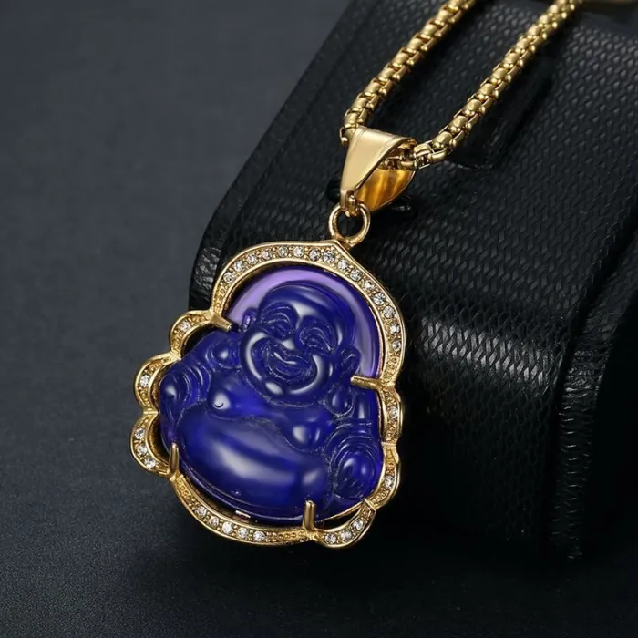 Wholesale Maitreya Buddha Pendant – Bulk Gold-Plated Titanium Steel Necklace with Chalcedony Resin Inlay