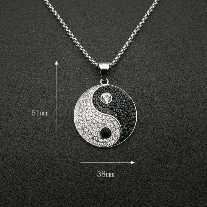 Wholesale Yin Yang Pendant Necklace – Bulk Black & Gold-Plated Titanium Steel Hip Hop Jewelry with Rhinestones