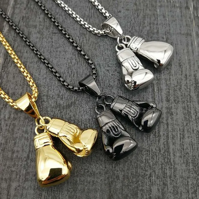 Wholesale Boxing Glove Pendant – Bulk Gold-Plated Titanium Steel Hip Hop Necklace with Double Glove Design