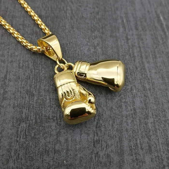 Wholesale Boxing Glove Pendant – Bulk Gold-Plated Titanium Steel Hip Hop Necklace with Double Glove Design