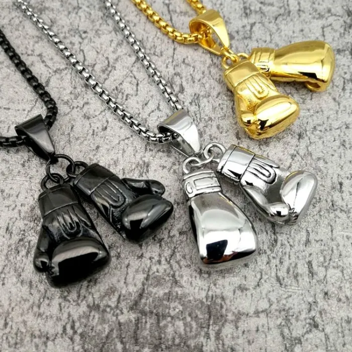 Wholesale Boxing Glove Pendant – Bulk Gold-Plated Titanium Steel Hip Hop Necklace with Double Glove Design