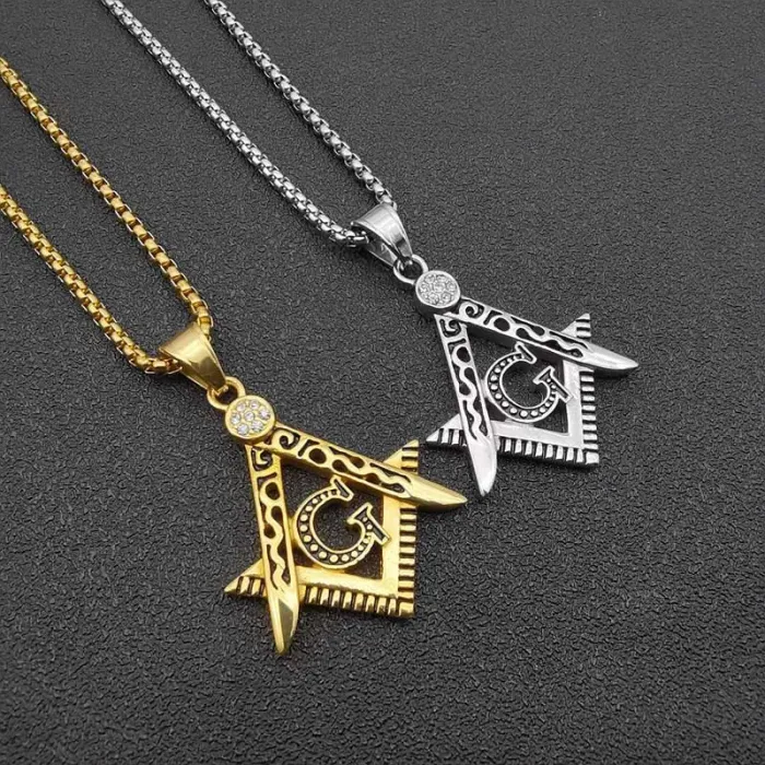 Wholesale Masonic AG Pendant – Bulk Gold-Plated Titanium Steel Hip Hop Necklace with Rhinestones