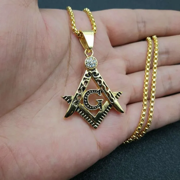Wholesale Masonic AG Pendant – Bulk Gold-Plated Titanium Steel Hip Hop Necklace with Rhinestones