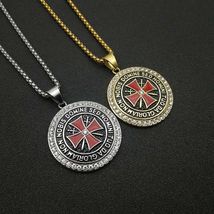 Wholesale Templar Knight Pendant – Bulk Gold-Plated Titanium/Stainless Steel Hip Hop Necklace with Rhinestones