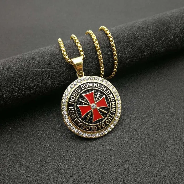 Wholesale Templar Knight Pendant – Bulk Gold-Plated Titanium/Stainless Steel Hip Hop Necklace with Rhinestones