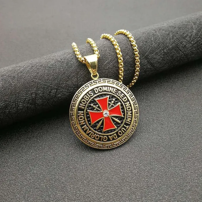 Wholesale Templar Knight Pendant – Bulk Gold-Plated Titanium/Stainless Steel Hip Hop Necklace with Rhinestones