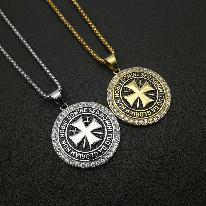 Wholesale Templar Pendant Necklace – Bulk Gold-Plated Titanium/Stainless Steel Hip Hop Jewelry with Rhinestones
