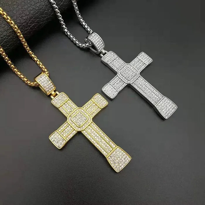 Wholesale Hip Hop Cross Pendant – Bulk Gold-Plated Titanium Steel Necklace with Rhinestones at Factory Price