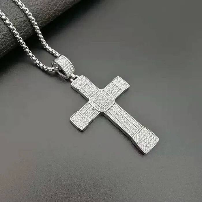 Wholesale Hip Hop Cross Pendant – Bulk Gold-Plated Titanium Steel Necklace with Rhinestones at Factory Price
