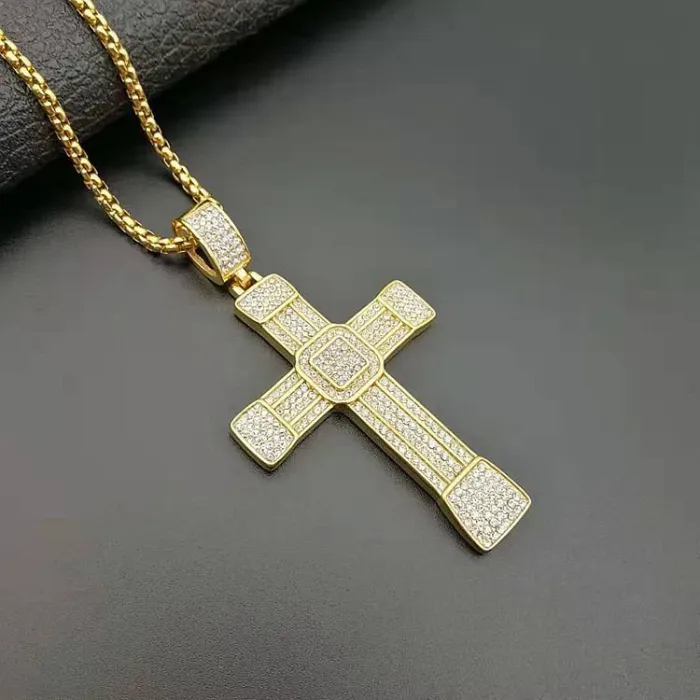 Wholesale Hip Hop Cross Pendant – Bulk Gold-Plated Titanium Steel Necklace with Rhinestones at Factory Price