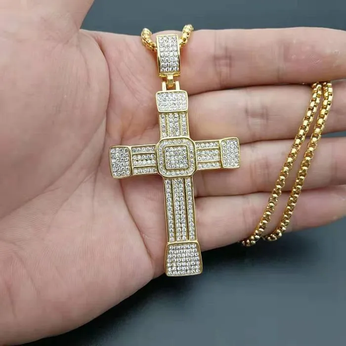Wholesale Hip Hop Cross Pendant – Bulk Gold-Plated Titanium Steel Necklace with Rhinestones at Factory Price