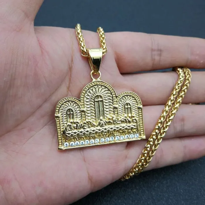 Wholesale Last Supper Pendant – Bulk Gold-Plated Titanium Steel Hip Hop Necklace with Rhinestones