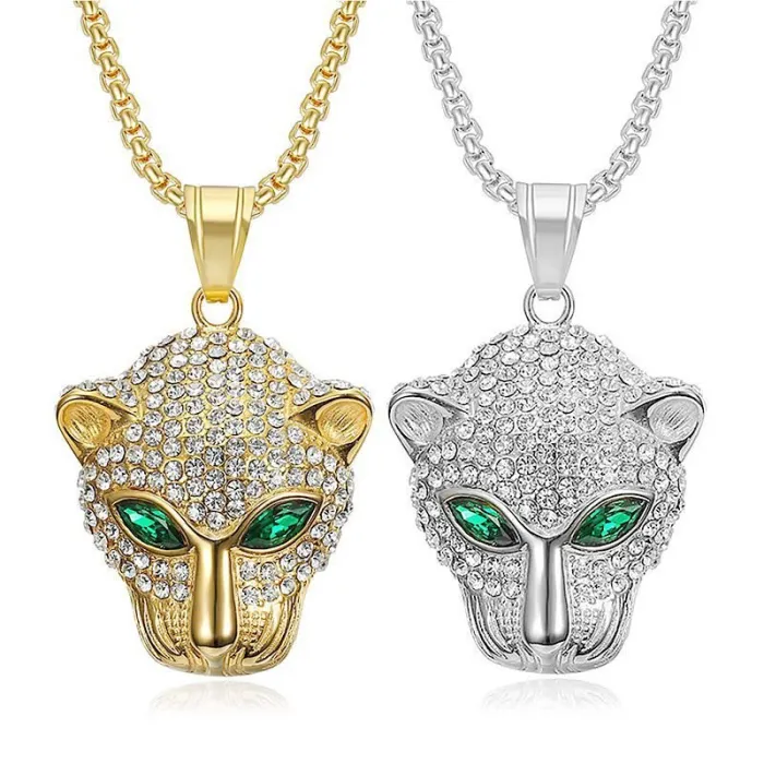 Wholesale Hip Hop Leopard Pendant – Bulk Stainless Steel Necklace with Red & Green Gem Eyes for Men & Women