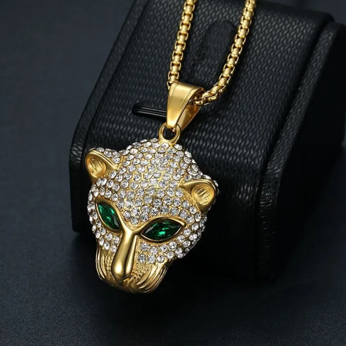 Wholesale Hip Hop Leopard Pendant – Bulk Stainless Steel Necklace with Red & Green Gem Eyes for Men & Women
