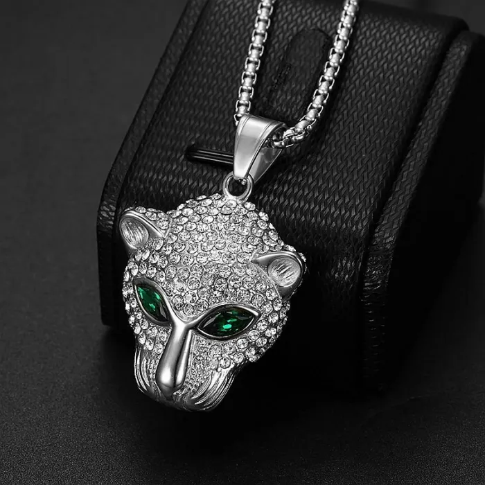 Wholesale Hip Hop Leopard Pendant – Bulk Stainless Steel Necklace with Red & Green Gem Eyes for Men & Women