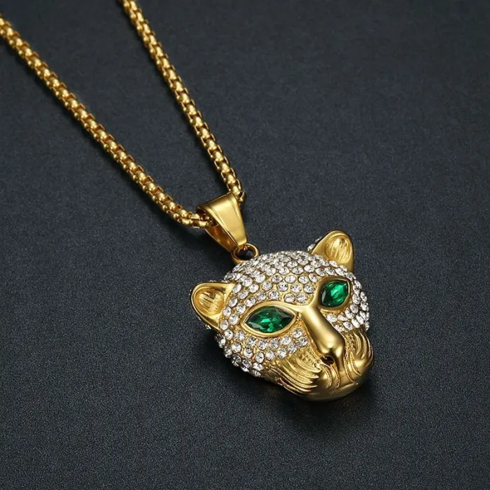 Wholesale Hip Hop Leopard Pendant – Bulk Stainless Steel Necklace with Red & Green Gem Eyes for Men & Women