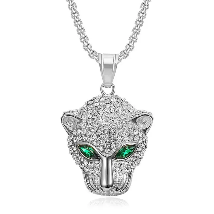 Wholesale Hip Hop Leopard Pendant – Bulk Stainless Steel Necklace with Red & Green Gem Eyes for Men & Women