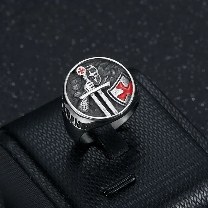 Wholesale Templar Cross Ring – Bulk Titanium Steel Red Epoxy Knight Ring with Inscription for Men