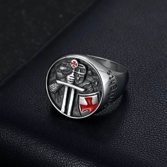 Wholesale Templar Cross Ring – Bulk Titanium Steel Red Epoxy Knight Ring with Inscription for Men