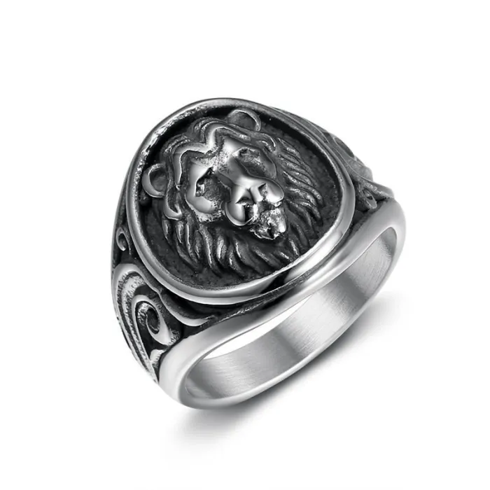 Wholesale Lion Head Ring – Bulk Polished Titanium Steel Punk Ring with Vintage Floral Pattern for Men