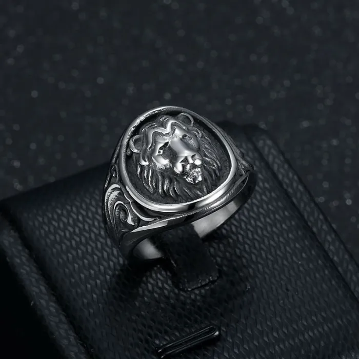 Wholesale Lion Head Ring – Bulk Polished Titanium Steel Punk Ring with Vintage Floral Pattern for Men
