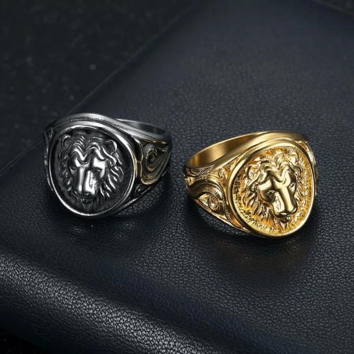 Wholesale Lion Head Ring – Bulk Polished Titanium Steel Punk Ring with Vintage Floral Pattern for Men