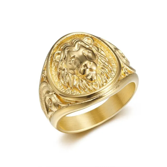 Wholesale Lion Head Ring – Bulk Polished Titanium Steel Punk Ring with Vintage Floral Pattern for Men