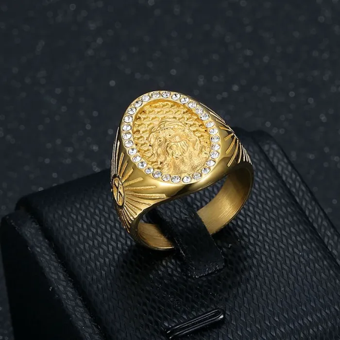 Wholesale Jesus Ring for Men – Bulk Gold-Plated Polished Titanium Steel Hip Hop Ring with Rhinestones