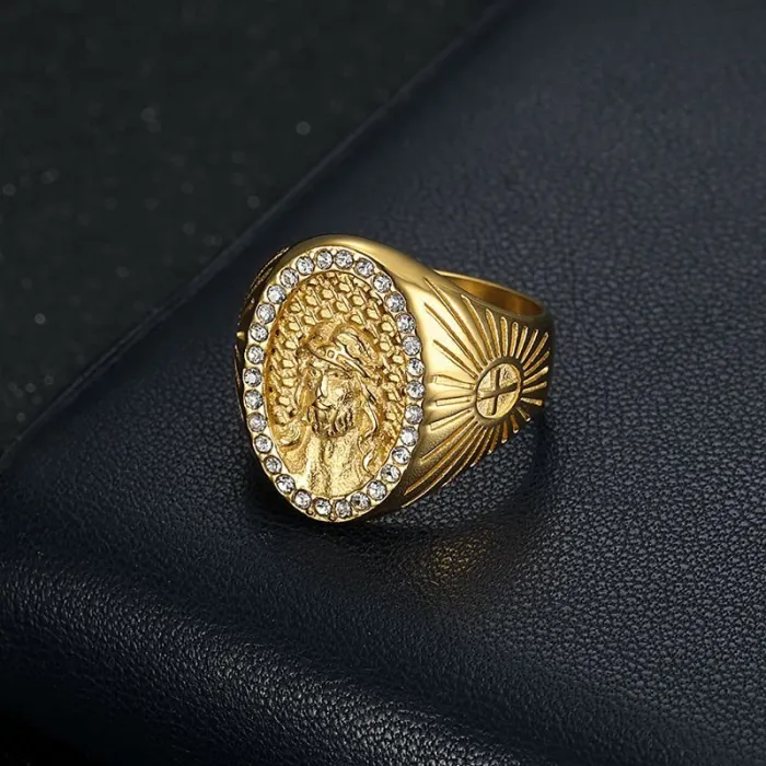 Wholesale Jesus Ring for Men – Bulk Gold-Plated Polished Titanium Steel Hip Hop Ring with Rhinestones