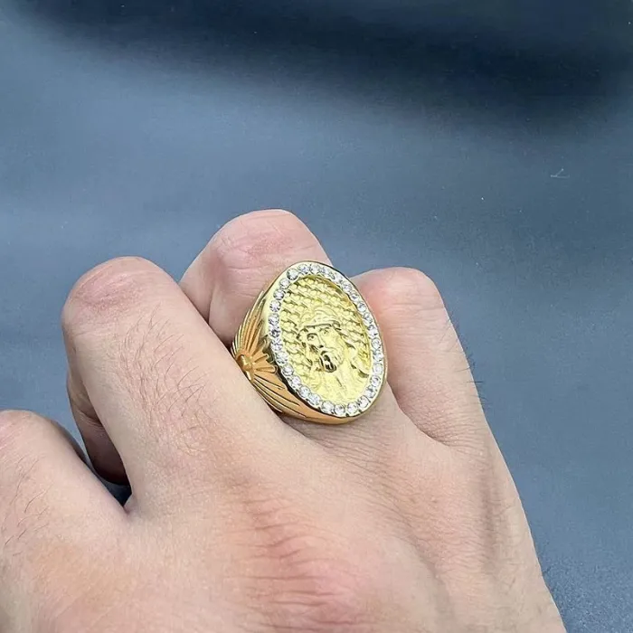 Wholesale Jesus Ring for Men – Bulk Gold-Plated Polished Titanium Steel Hip Hop Ring with Rhinestones