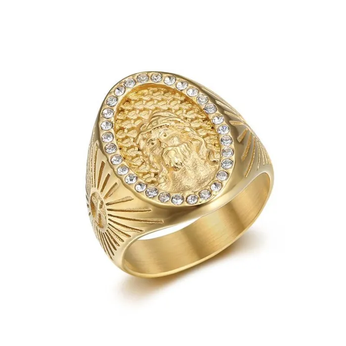 Wholesale Jesus Ring for Men – Bulk Gold-Plated Polished Titanium Steel Hip Hop Ring with Rhinestones