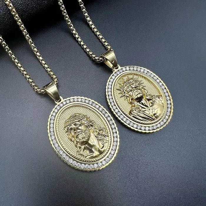 Wholesale Jesus Pendant Necklace – Bulk Gold-Plated Cast Stainless Steel Hip Hop Jewelry with CZ Stones